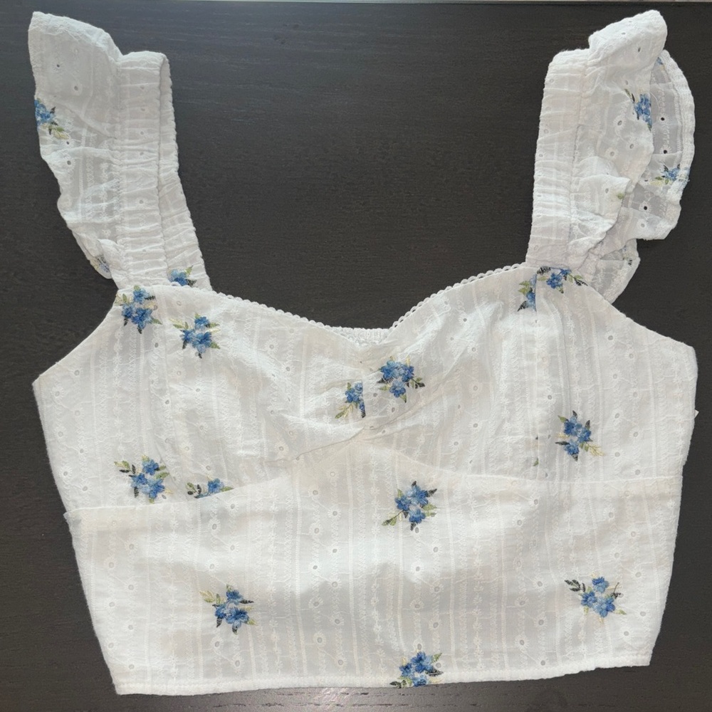 White Eyelet Crop Top with Blue Floral Embroidery